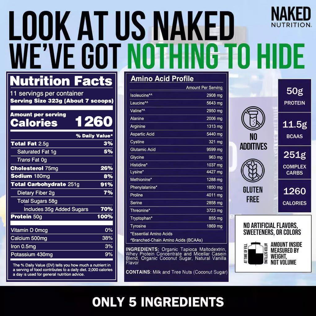 NAKED Vanilla Mass: etiqueta nutricional destacando calorías por porción.