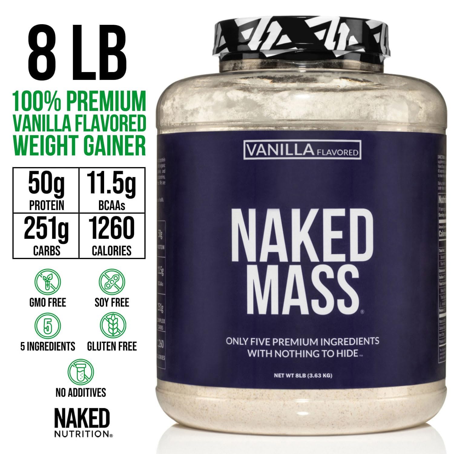 NAKED Vanilla Mass, ingredientes clave visibles, proteína limpia y carbohidratos de calidad.