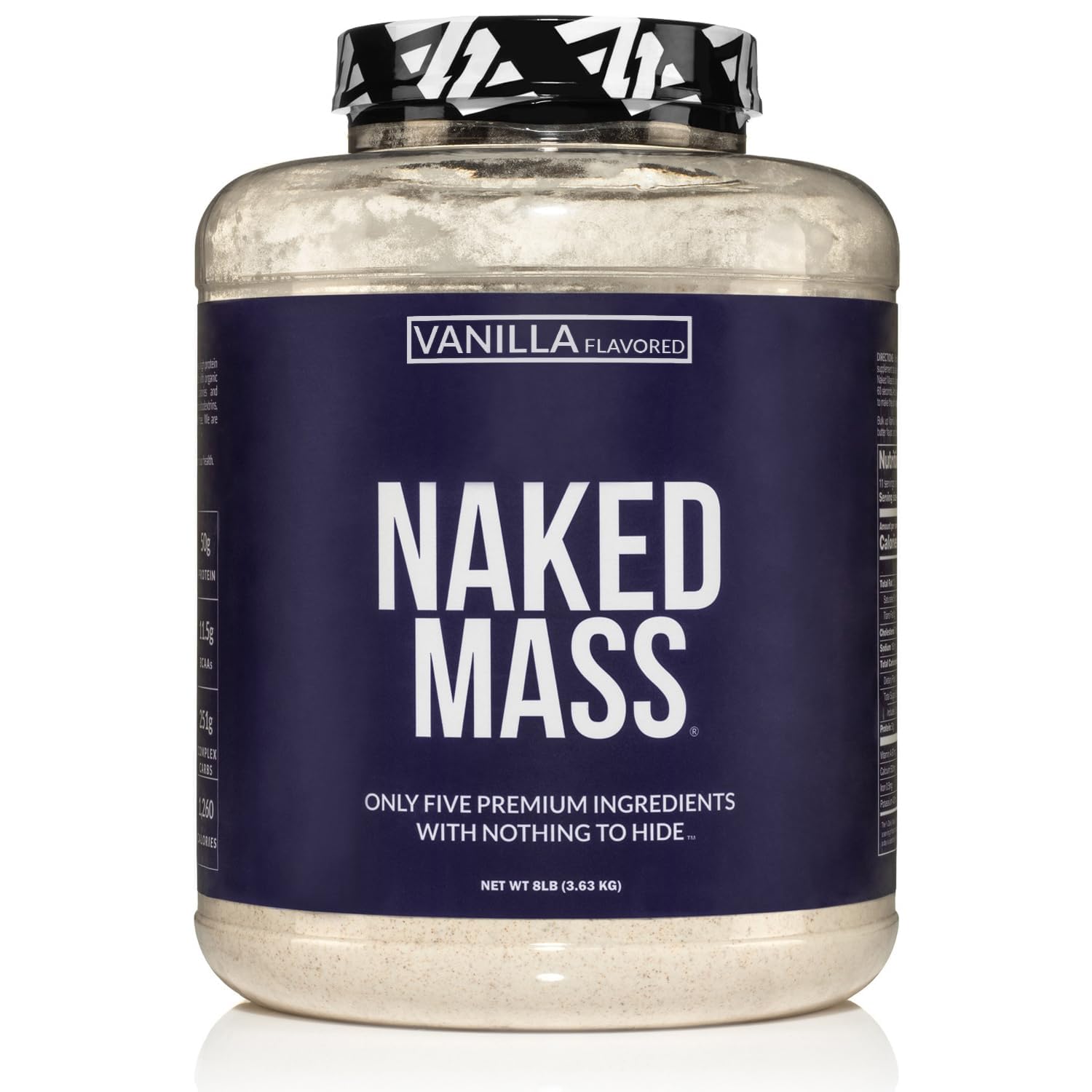 NAKED Vanilla Mass, frente del envase, apoyo a la ganancia de peso con proteína limpia.