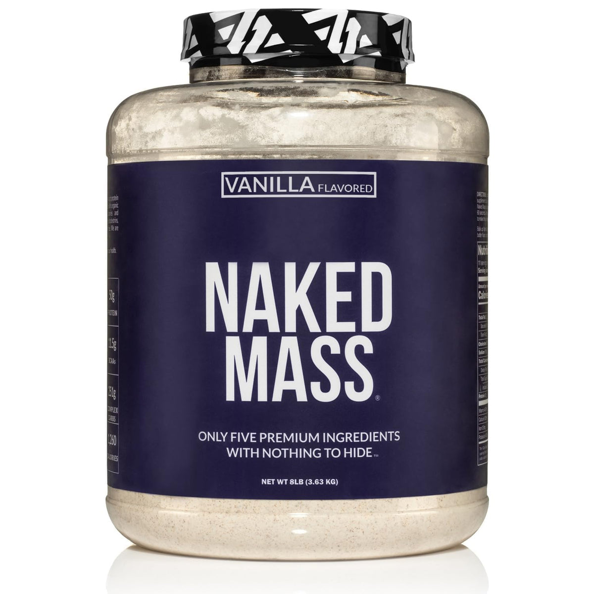 NAKED Vanilla Mass, frente del envase, apoyo a la ganancia de peso con proteína limpia.