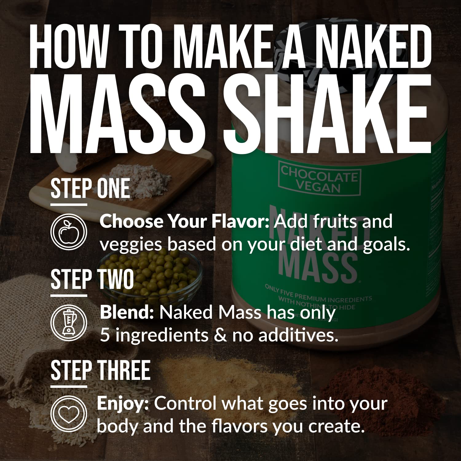 NAKED Vegan Mass, uso diario para apoyar metas de peso saludable.