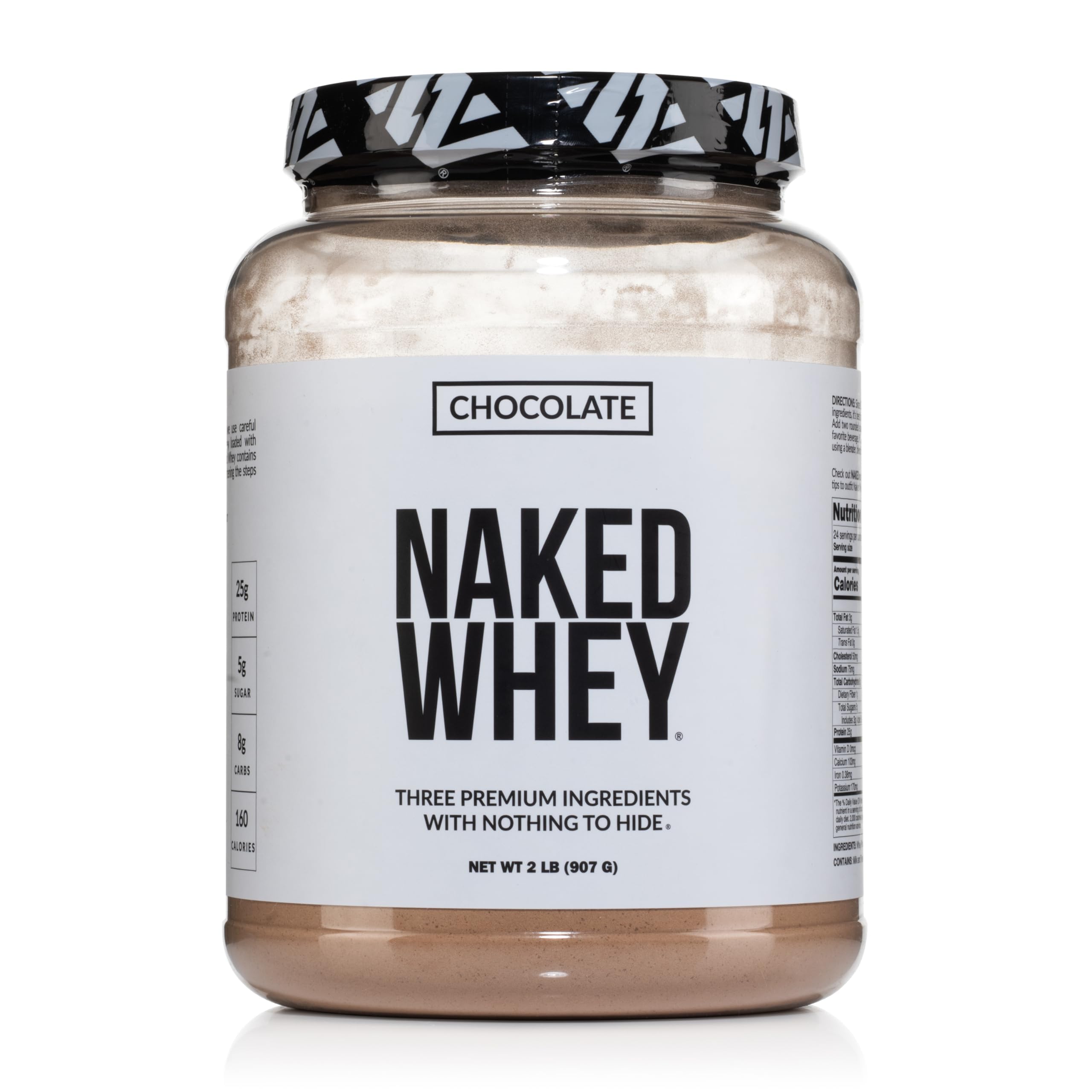 NAKED Whey Chocolate en pote, color cacao, ideal para batidos proteicos.