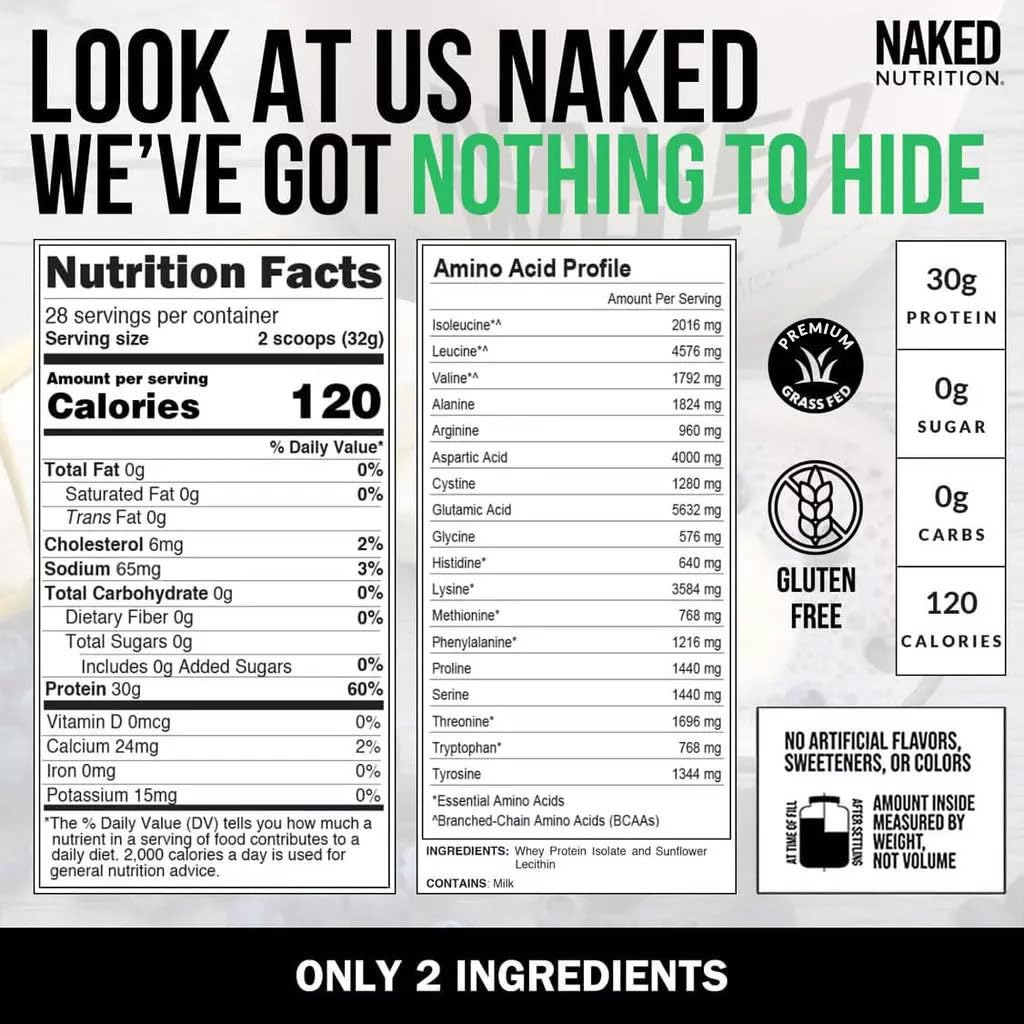 Naked Whey Isolate ofrece 30 g de proteína por porción, apoyo nutricional.