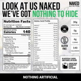 NAKED Chocolate Whey Isolate nutrition label shows 30g protein per serving