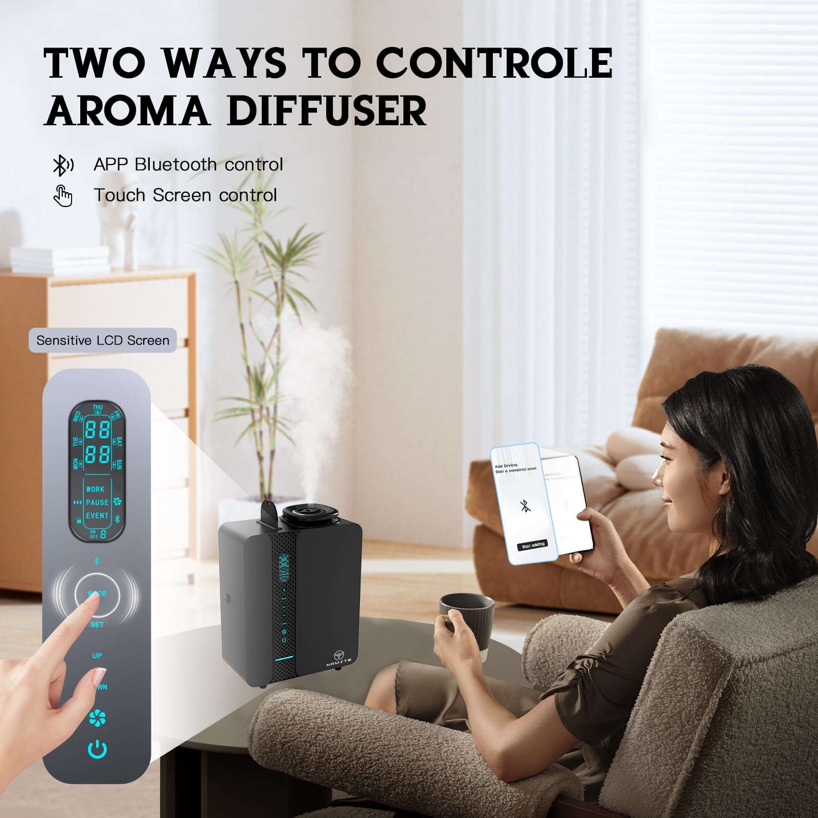 Namste difusor con aplicación inalambrica para control remoto.