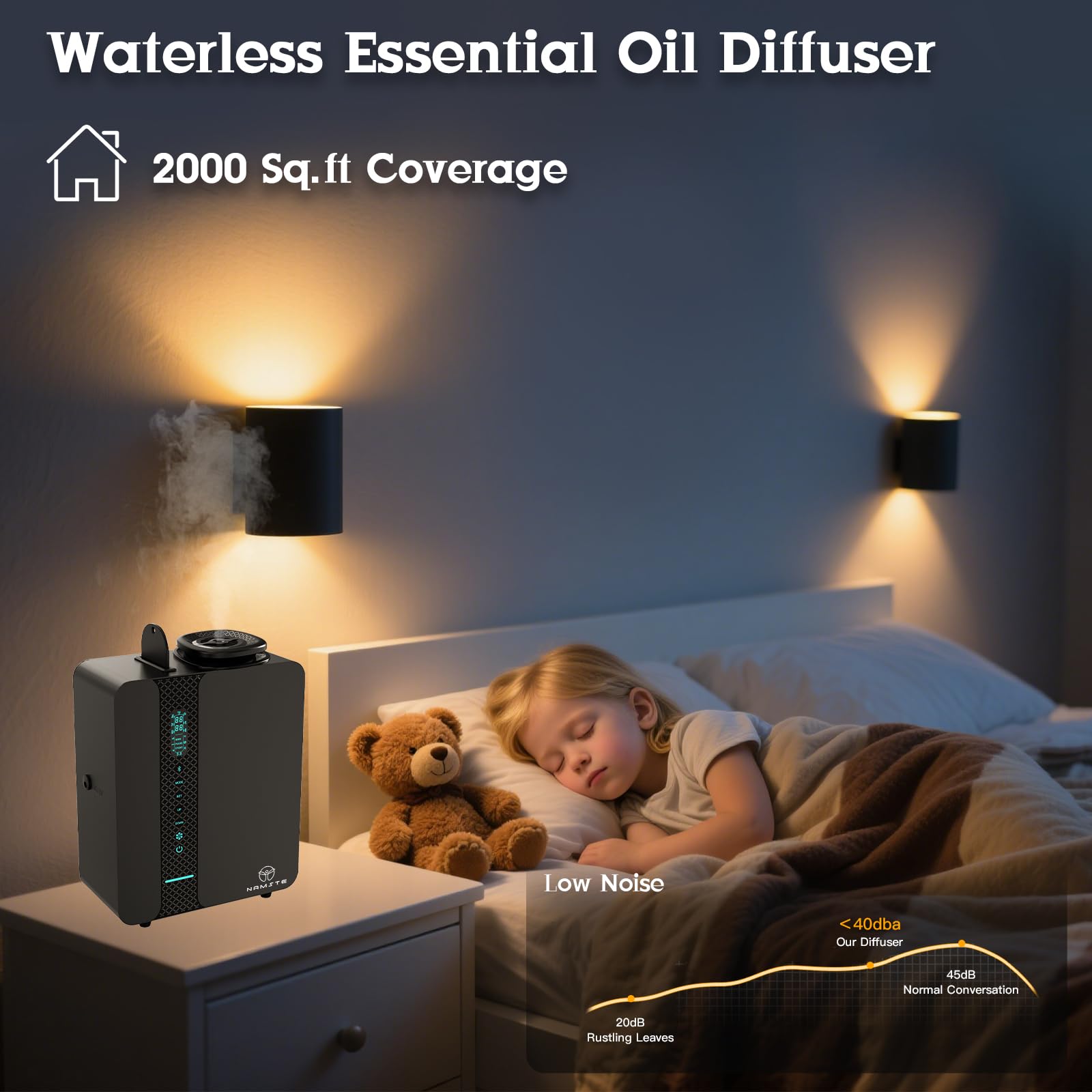 Namste difusor con pantalla táctil de cristal líquido para configuración rápida.