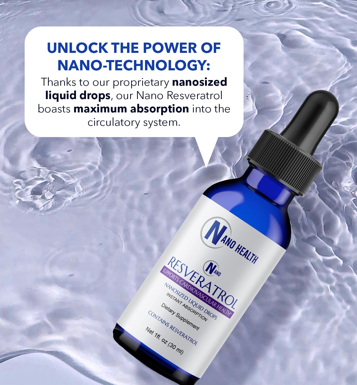 Nanoceutical Solutions Nano Resveratrol: envase de 30 porciones para uso diario.