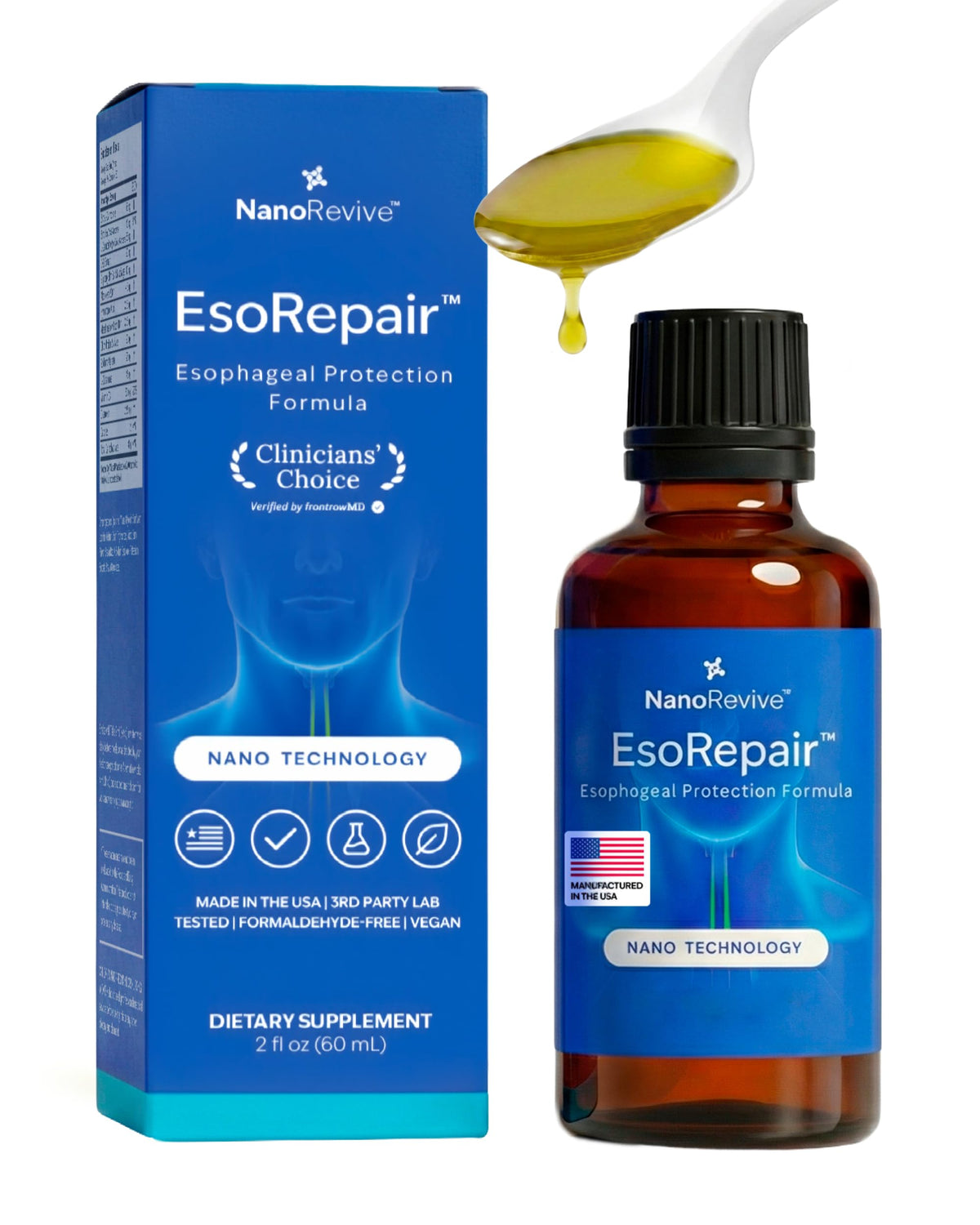 Nanorevive EsoRepair botella muestra fórmula líquida para confort digestivo.