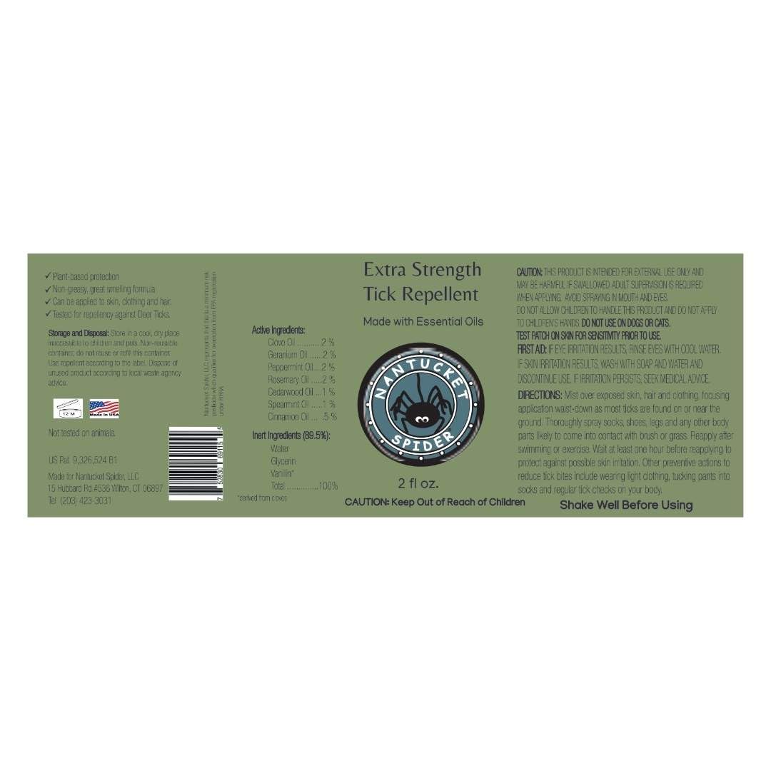 Nantucket Spider etiqueta clara de repelente contra garrapatas y aceites esenciales