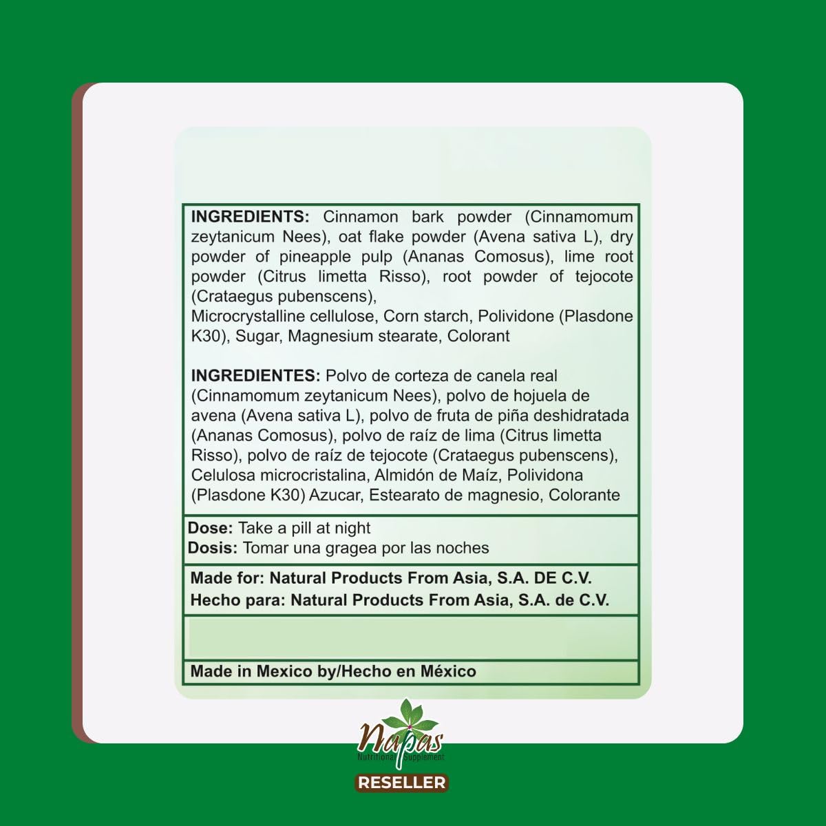 Etiqueta Napas Royal Canelo Bark indica origen vegetal y calidad