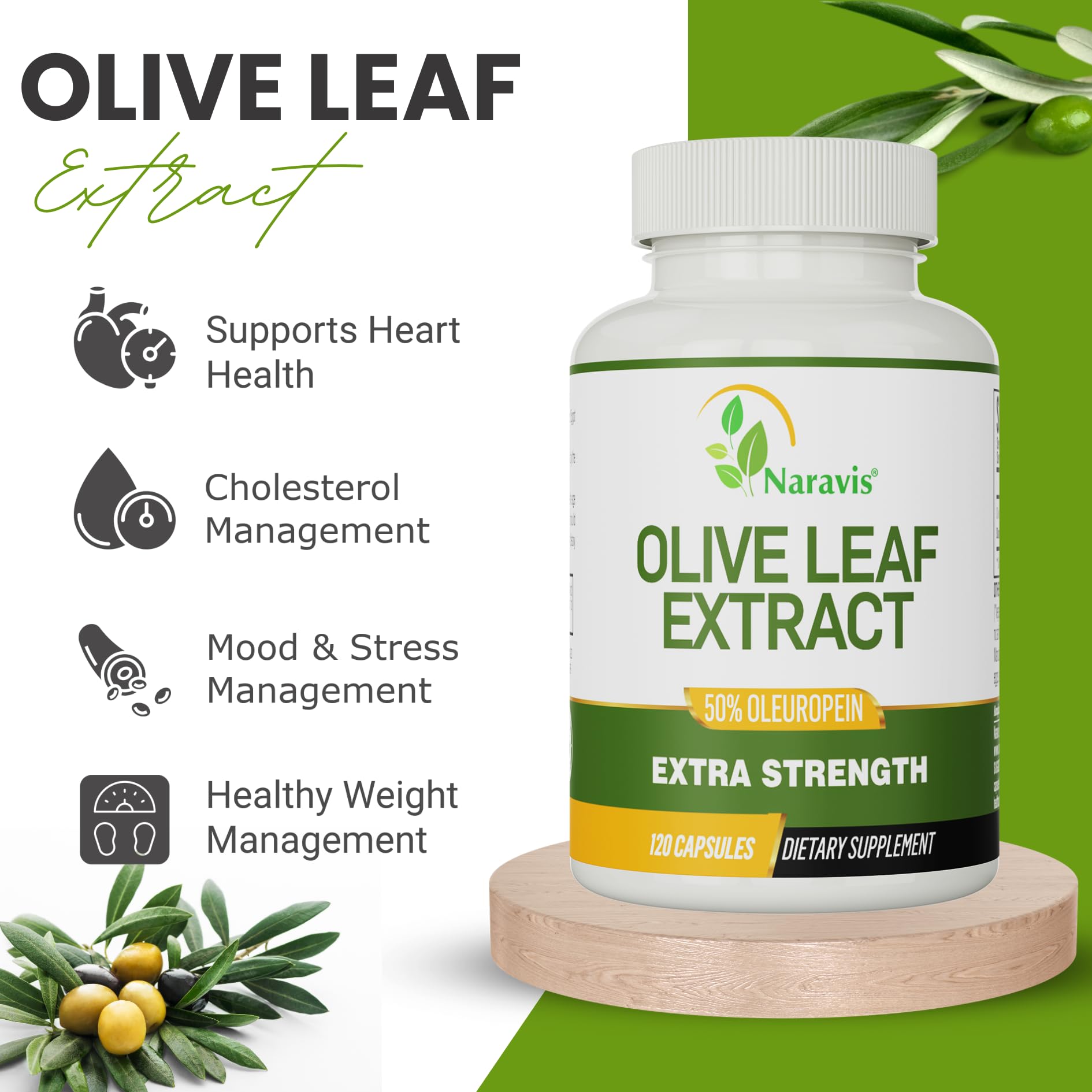 Naravis 50% oleuropeína por porción, potencia para beneficios antioxidantes.