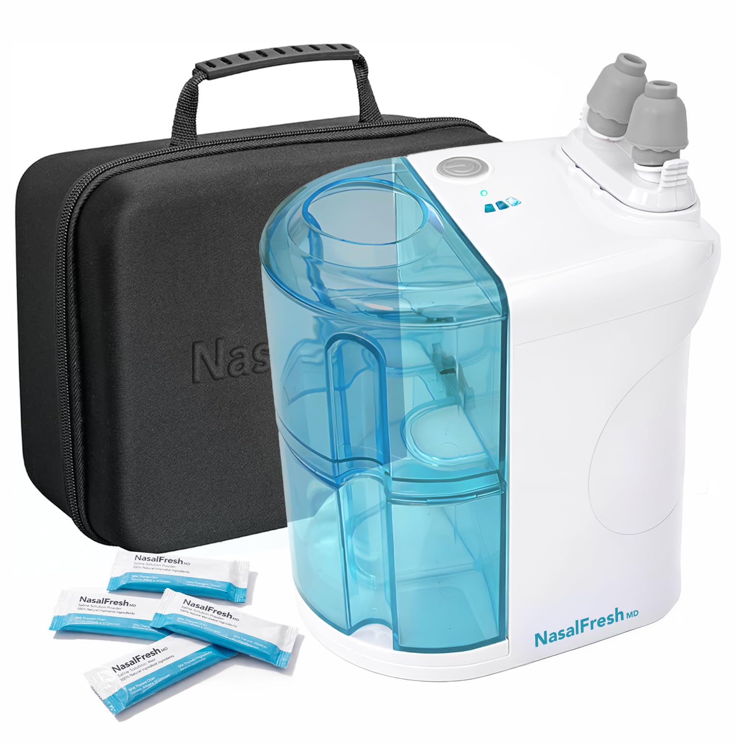 NASALFRESH MD kit premium con bomba doble para enjuague nasal y succión más eficiente.