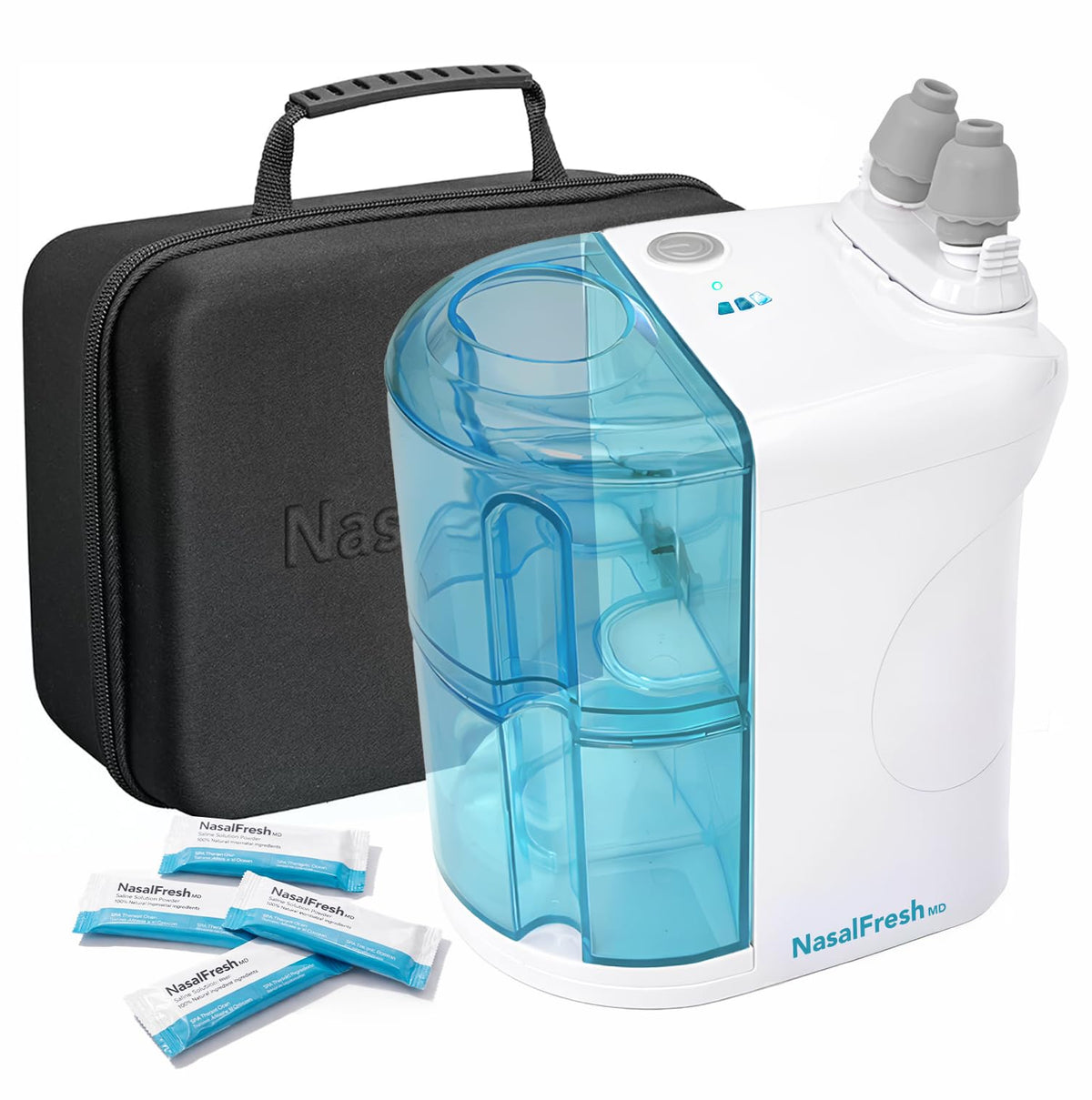 NASALFRESH MD kit premium con bomba doble para enjuague nasal y succión más eficiente.