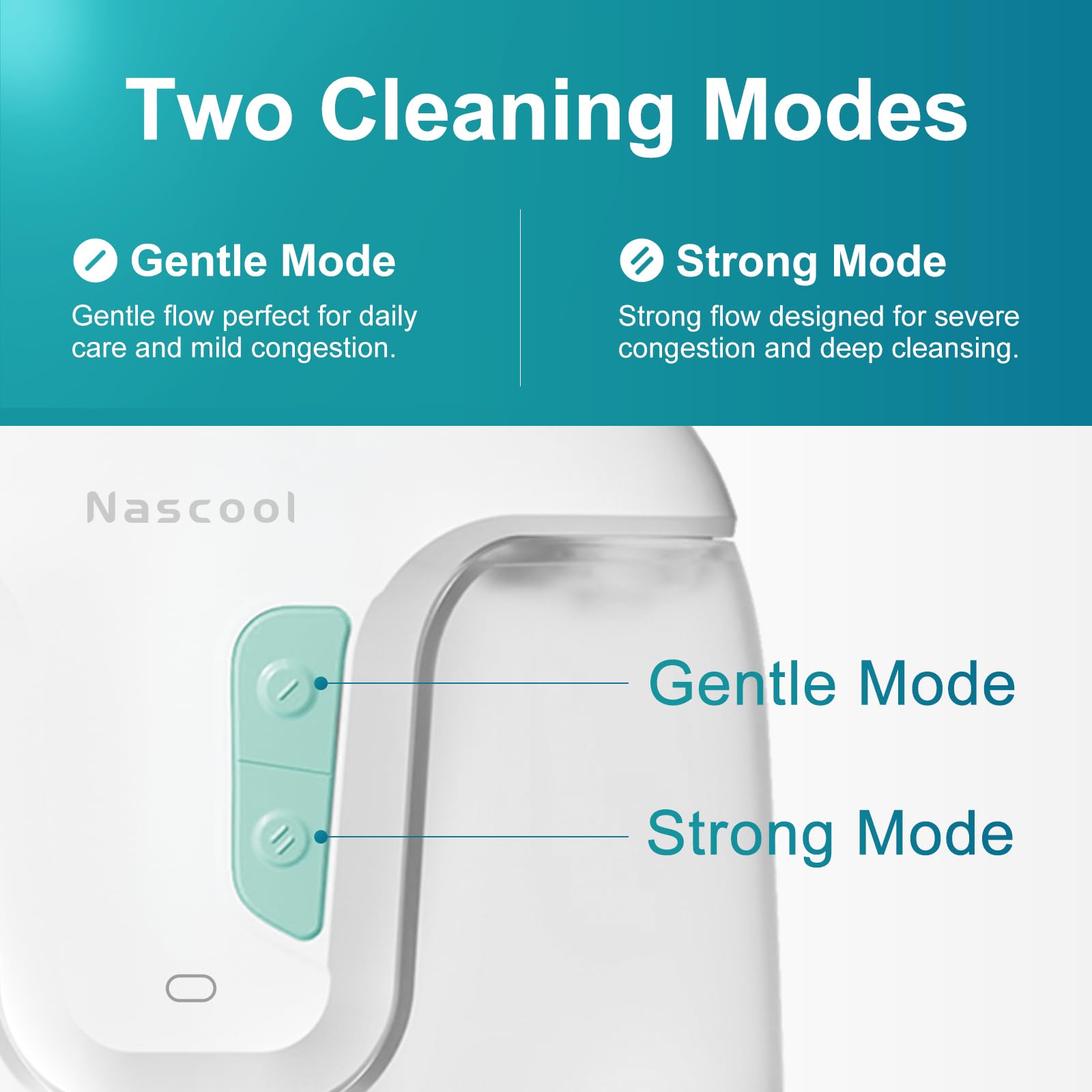 Nascool, dos modos de lavado nasal, ajuste suave para uso inicial.