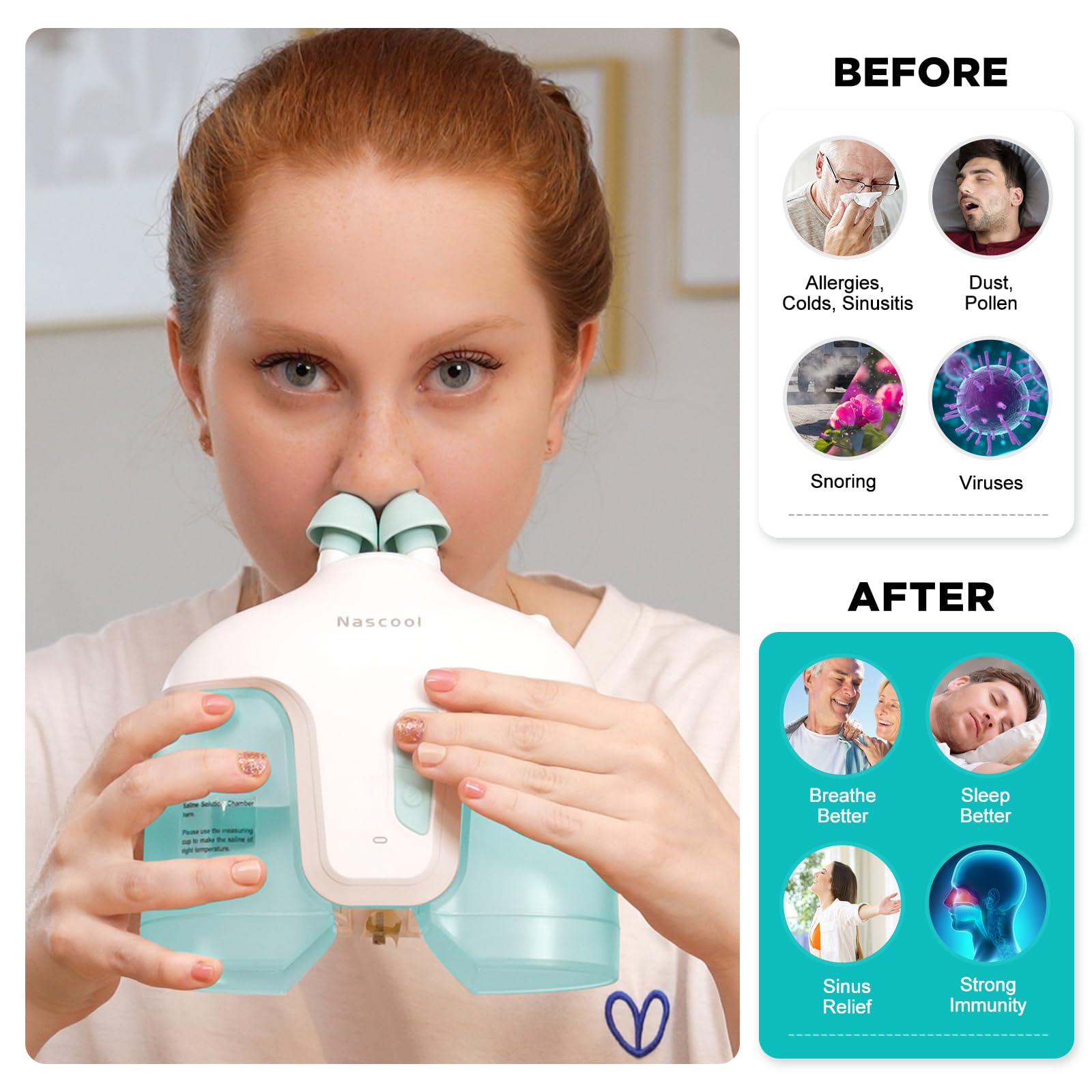 Nascool unidad de lavado nasal con modo suave, ideal para descongestión diaria.