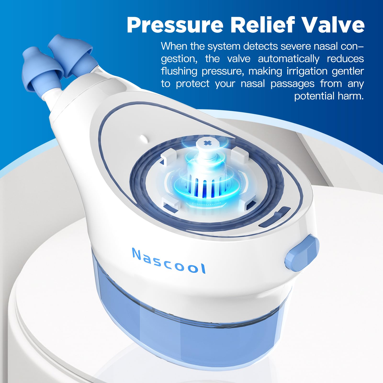 Válvula de alivio de presión Nascool para un riego nasal suave.