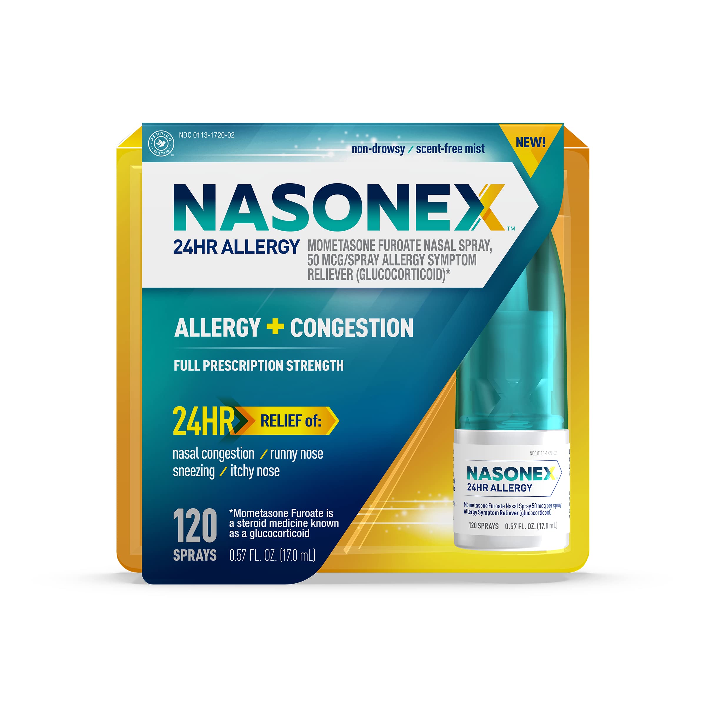 Nasonex: botella con spray nasal 24h para alivio continuo.
