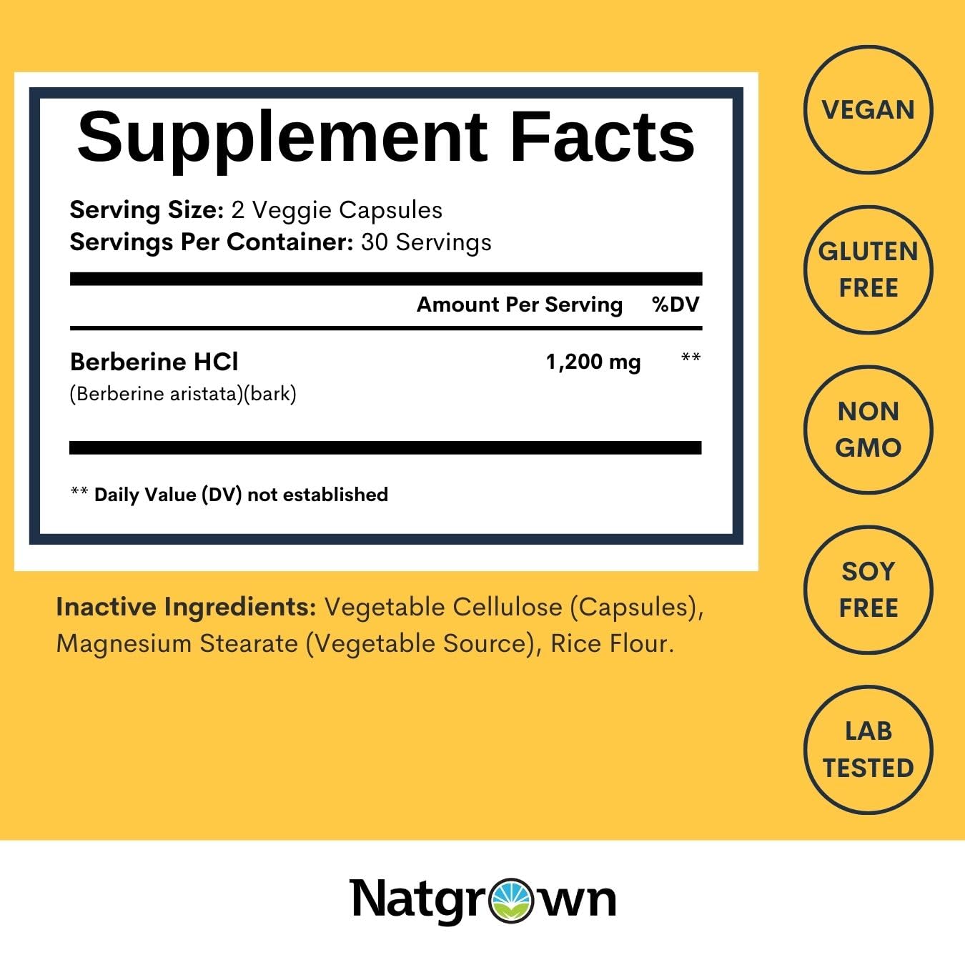 Etiqueta nutricional de Natgrown Berberina con porción.