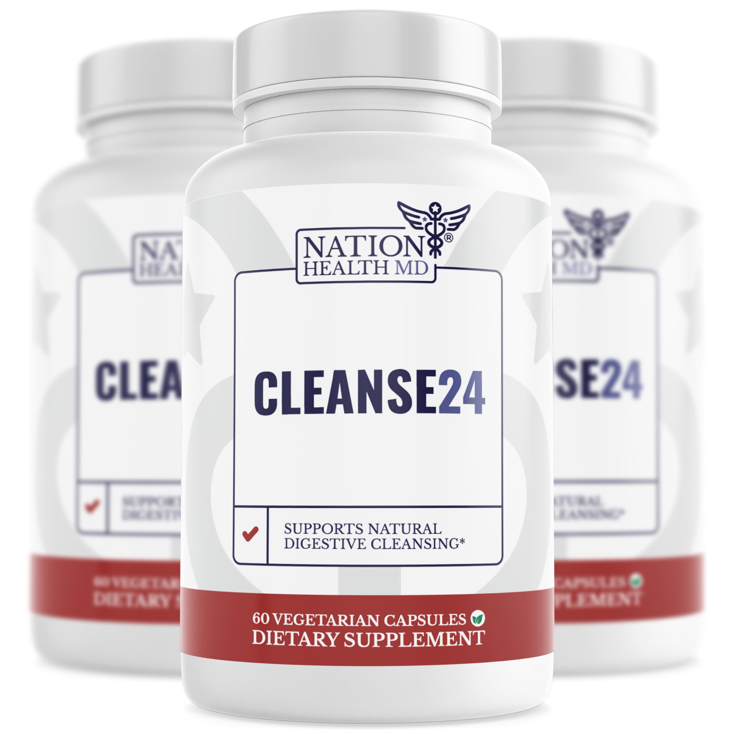 NATION HEALTH MD Cleanse24: botella de cápsulas para apoyo digestivo suave.