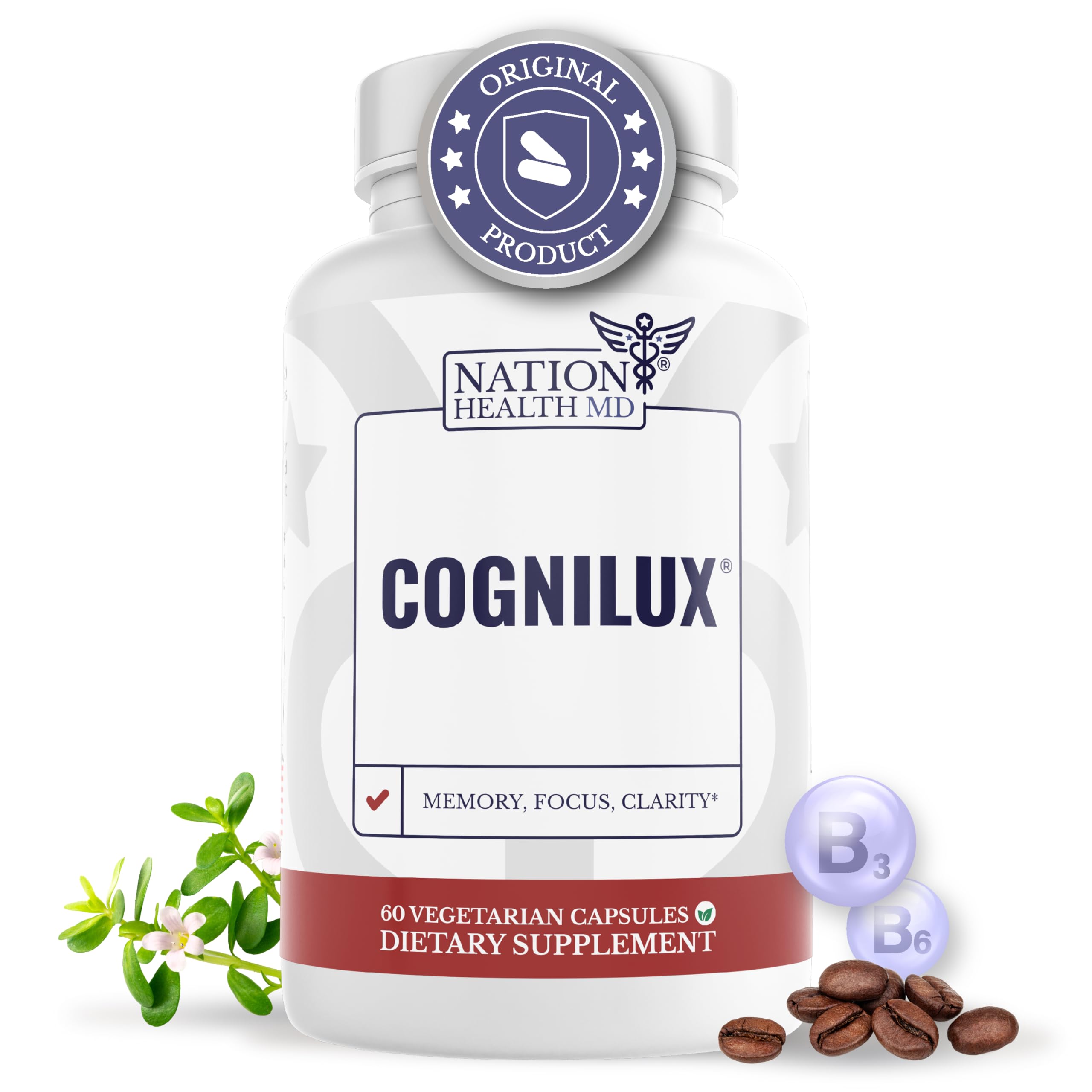 NATION HEALTH MD Cognilux: botella de pastillas para claridad mental diaria.