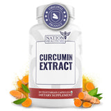 NATION HEALTH MD Curcumin Extract, botella de cápsulas, apoyo potencial para la movilidad diaria.