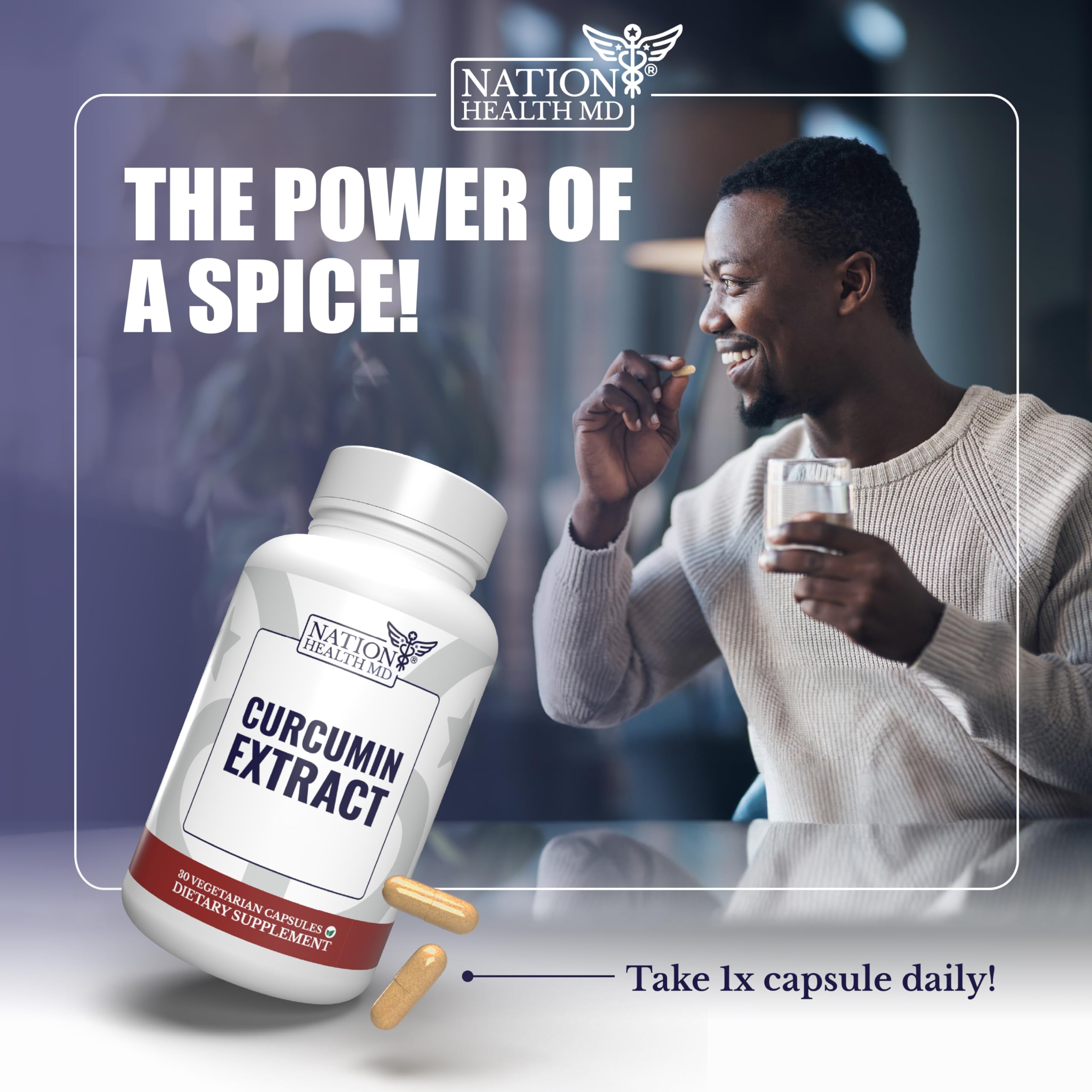 NATION HEALTH MD Curcumin Extract, cápsulas en primer plano, posible alivio para la comodidad articular.