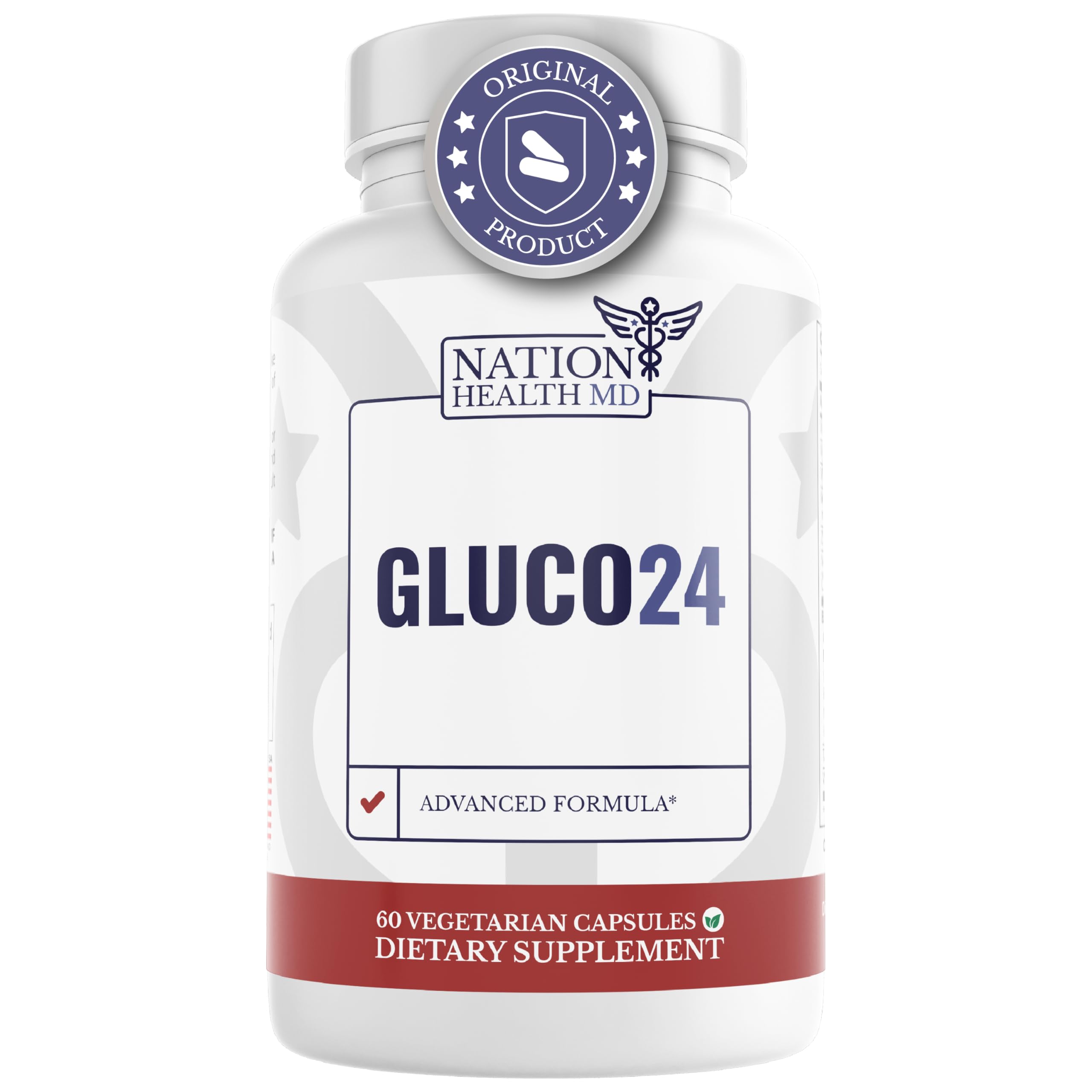 Gluco24 de Nation Health MD: cápsulas frente a la botella y apoyo a energía estable