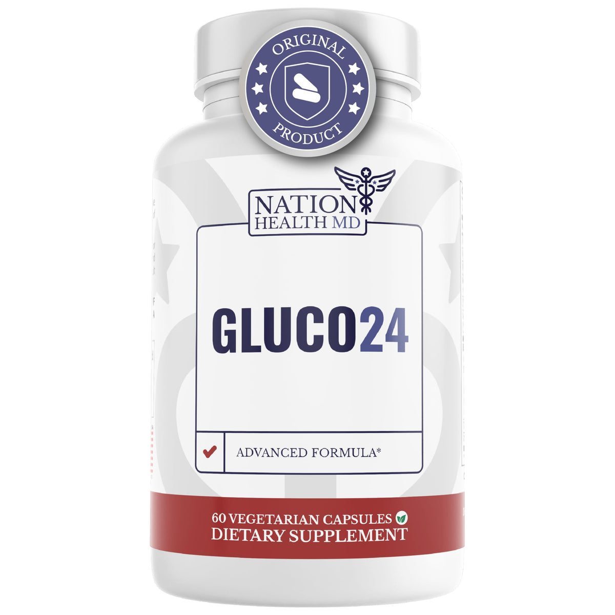Gluco24 de Nation Health MD: cápsulas frente a la botella y apoyo a energía estable