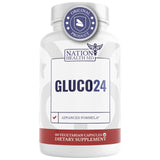 Gluco24 de Nation Health MD: cápsulas frente a la botella y apoyo a energía estable