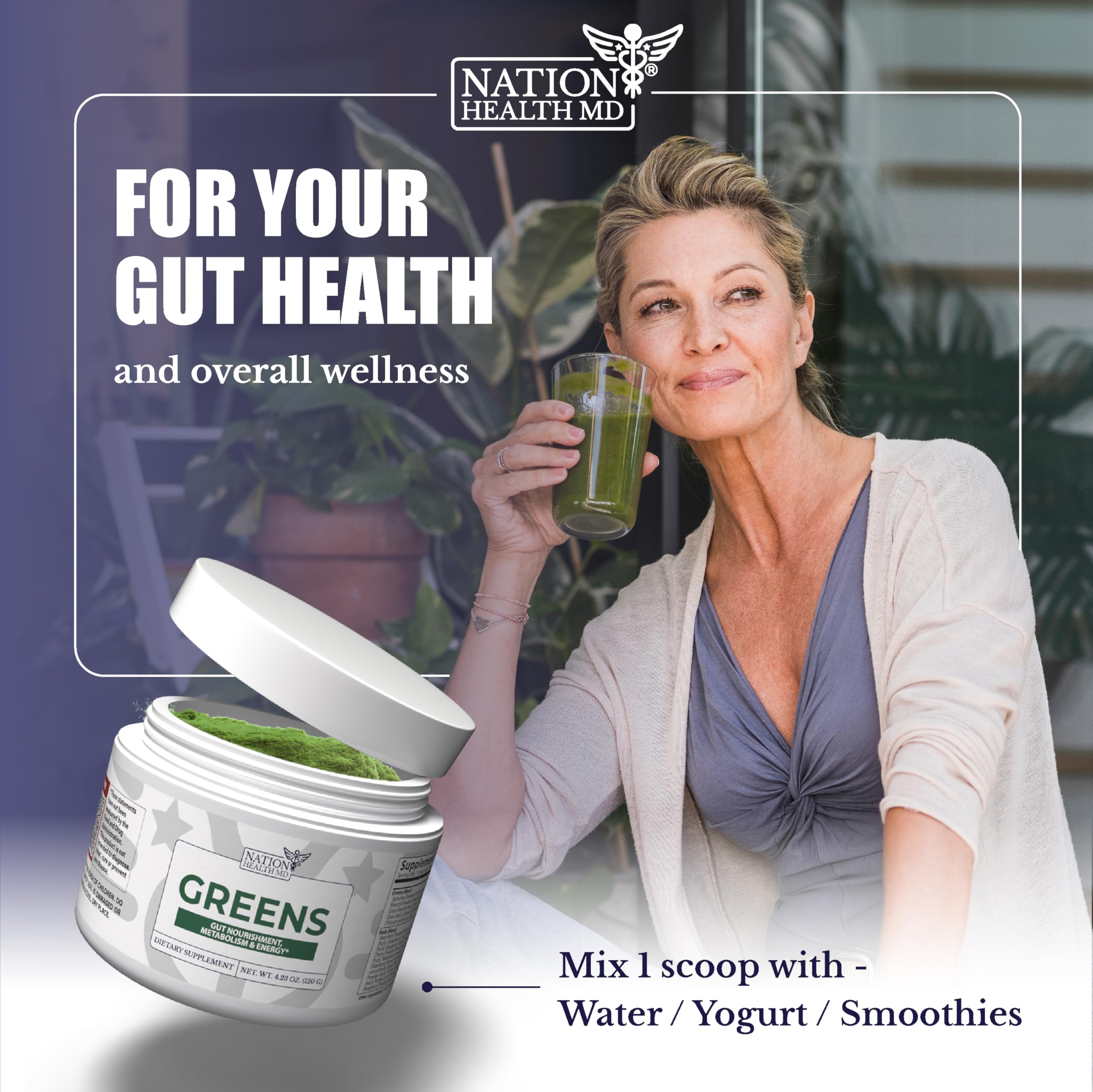 NATION HEALTH MD Greens: antioxidantes y detox con té blanco para bienestar general.