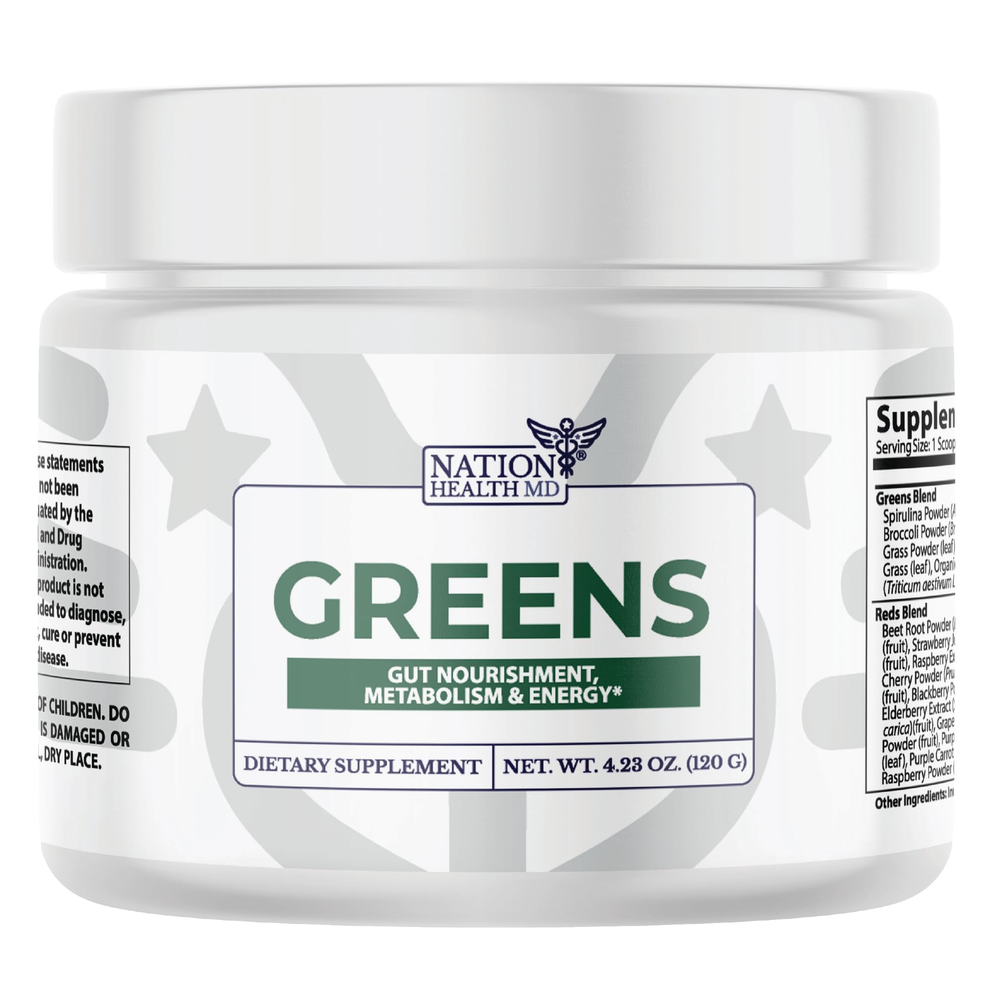 NATION HEALTH MD Greens: polvo verde en frasco para nutrición diaria.