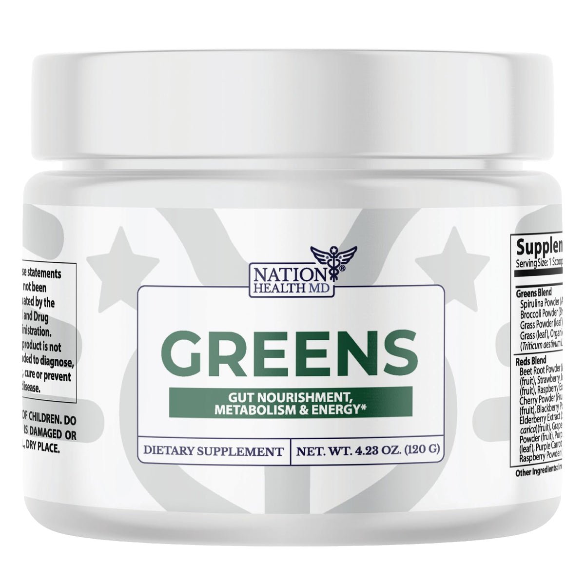 NATION HEALTH MD Greens: polvo verde en frasco para nutrición diaria.