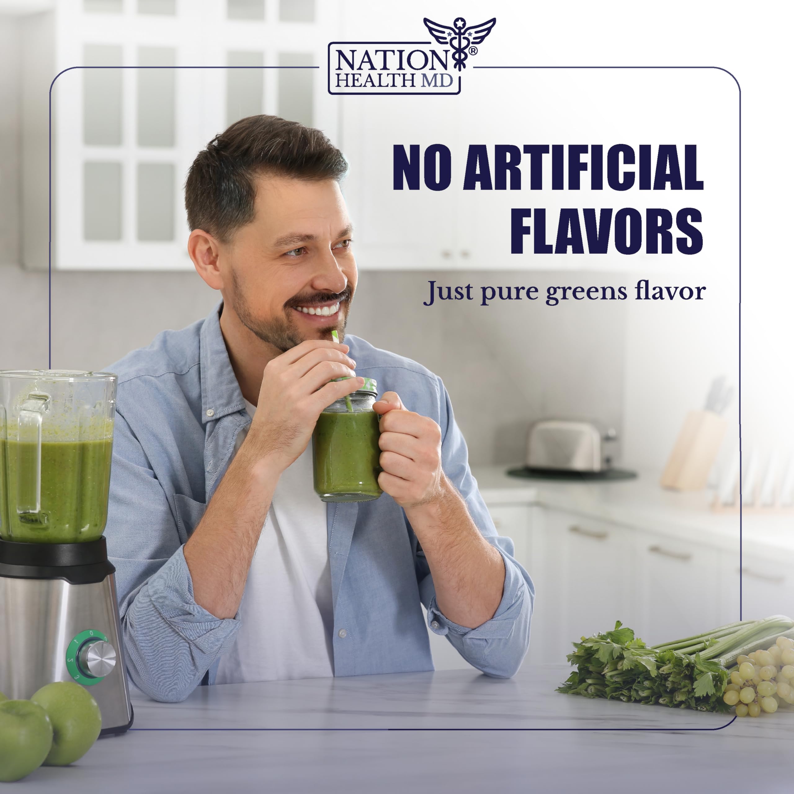 NATION HEALTH MD Greens: sin sabores artificiales, ideal para incorporar verduras en la rutina diaria.