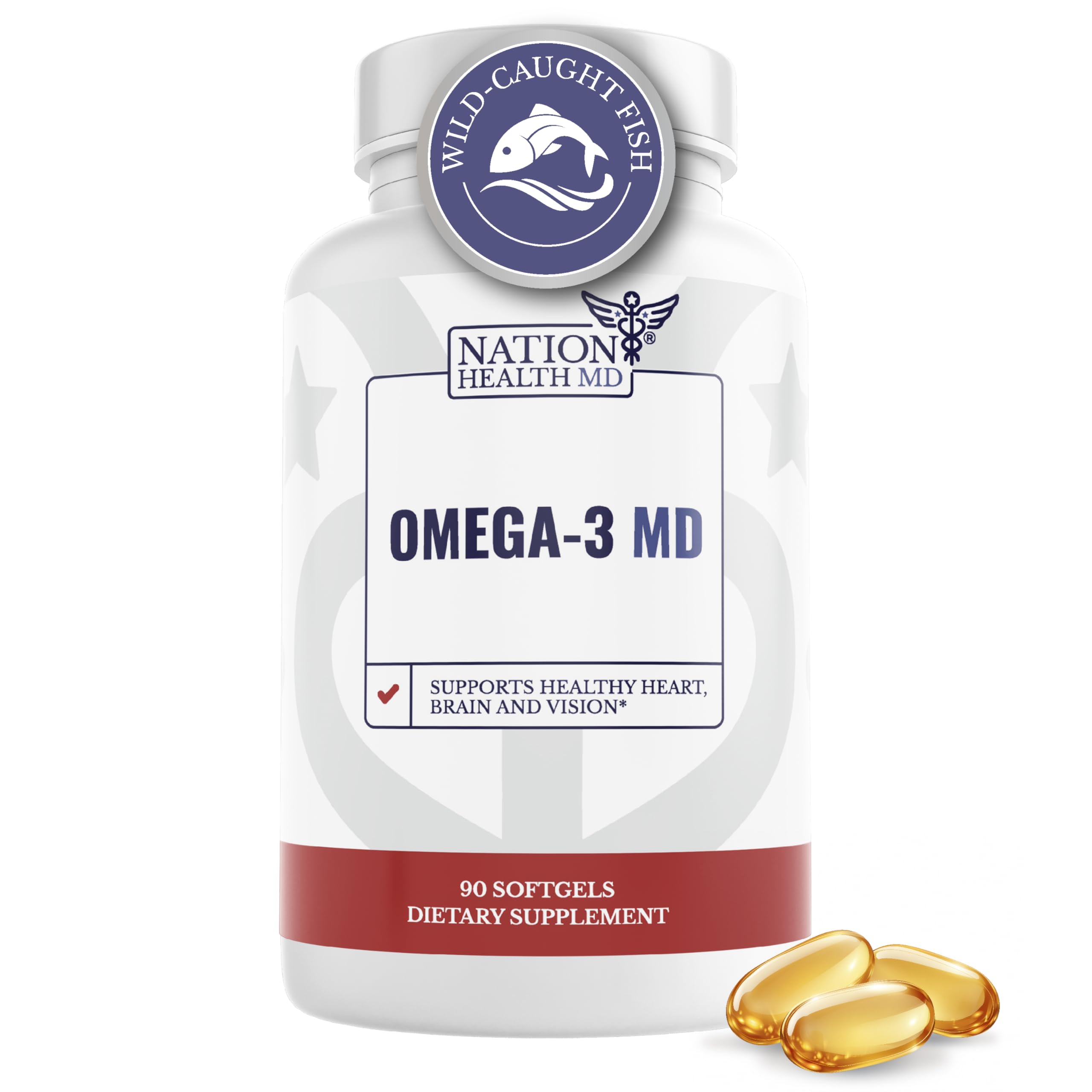 NATION HEALTH MD Omega-3 MD, botella frontal, ideal para consumo diario de omega-3.