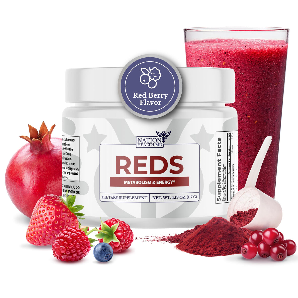 NATION HEALTH MD Polvo Rojo en frasco con antioxidantes para energía diaria.