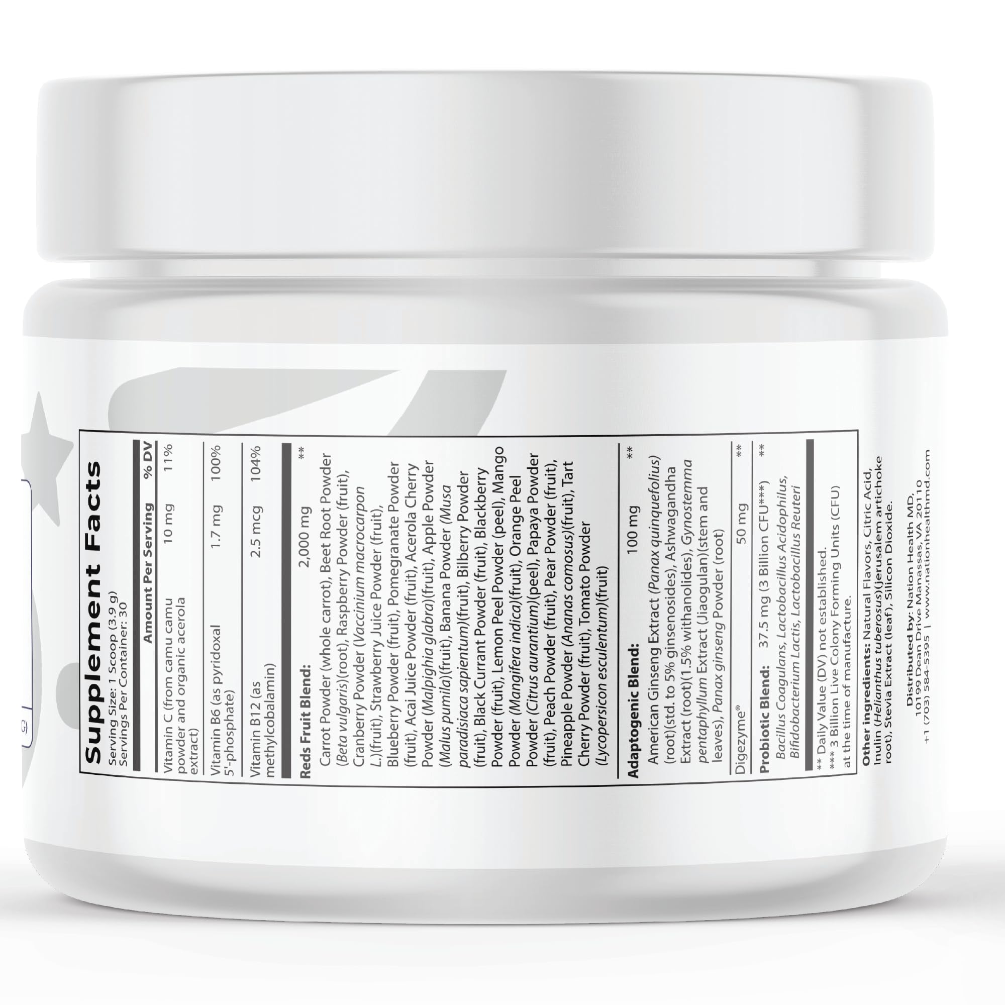 Polvo Rojo de NATION HEALTH MD en vaso, mezcla rápida para batidos.