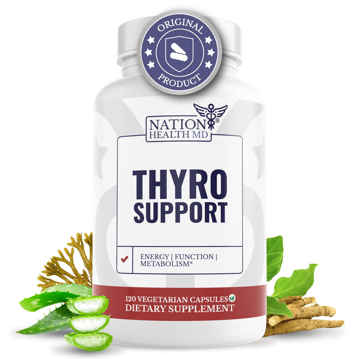 NATION HEALTH MD Thyro Support, botella con tapa para uso diario.