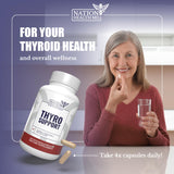 NATION HEALTH MD Thyro Support, cápsulas en mano para demostración de tamaño.