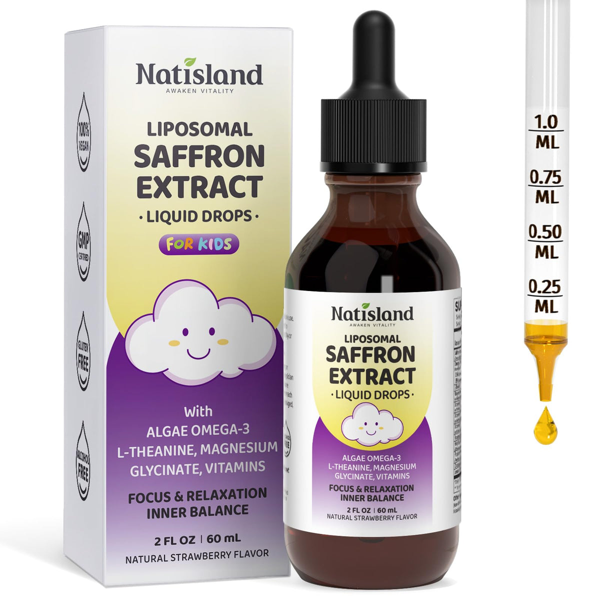 NATISLAND AZAFRÁN liposomal para niños en botella, posible apoyo a la concentración diaria.