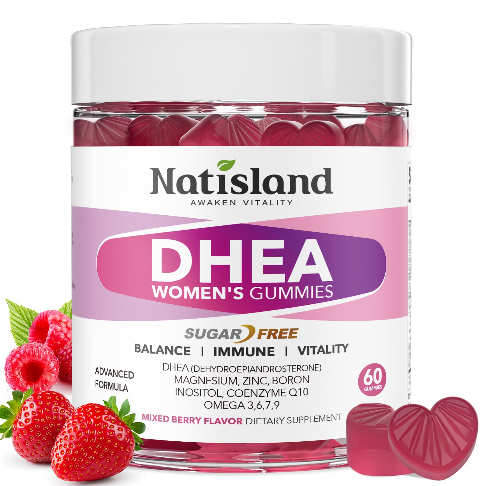 Natisland DHEA 25 mg gomitas con frambuesa, energía diaria suave.