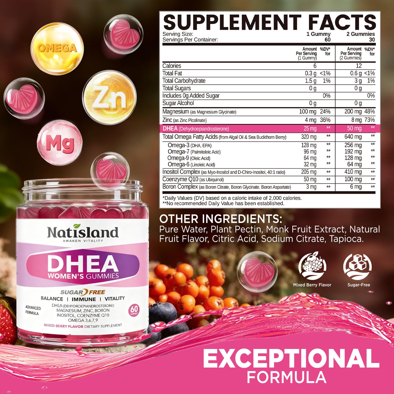 Natisland DHEA 50 mg gomitas con frambuesa, dosis flexible para más comodidad.