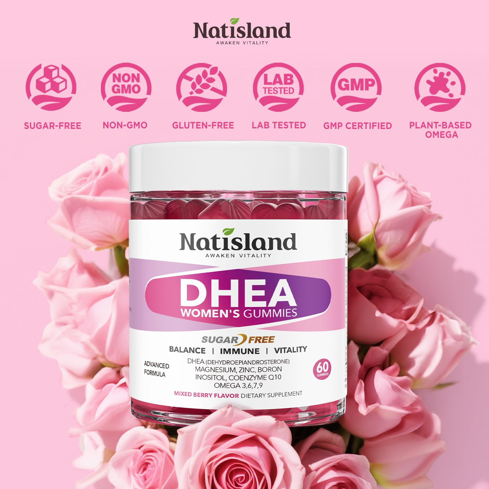 Natisland DHEA fórmula basada en plantas, sin colorantes artificiales.