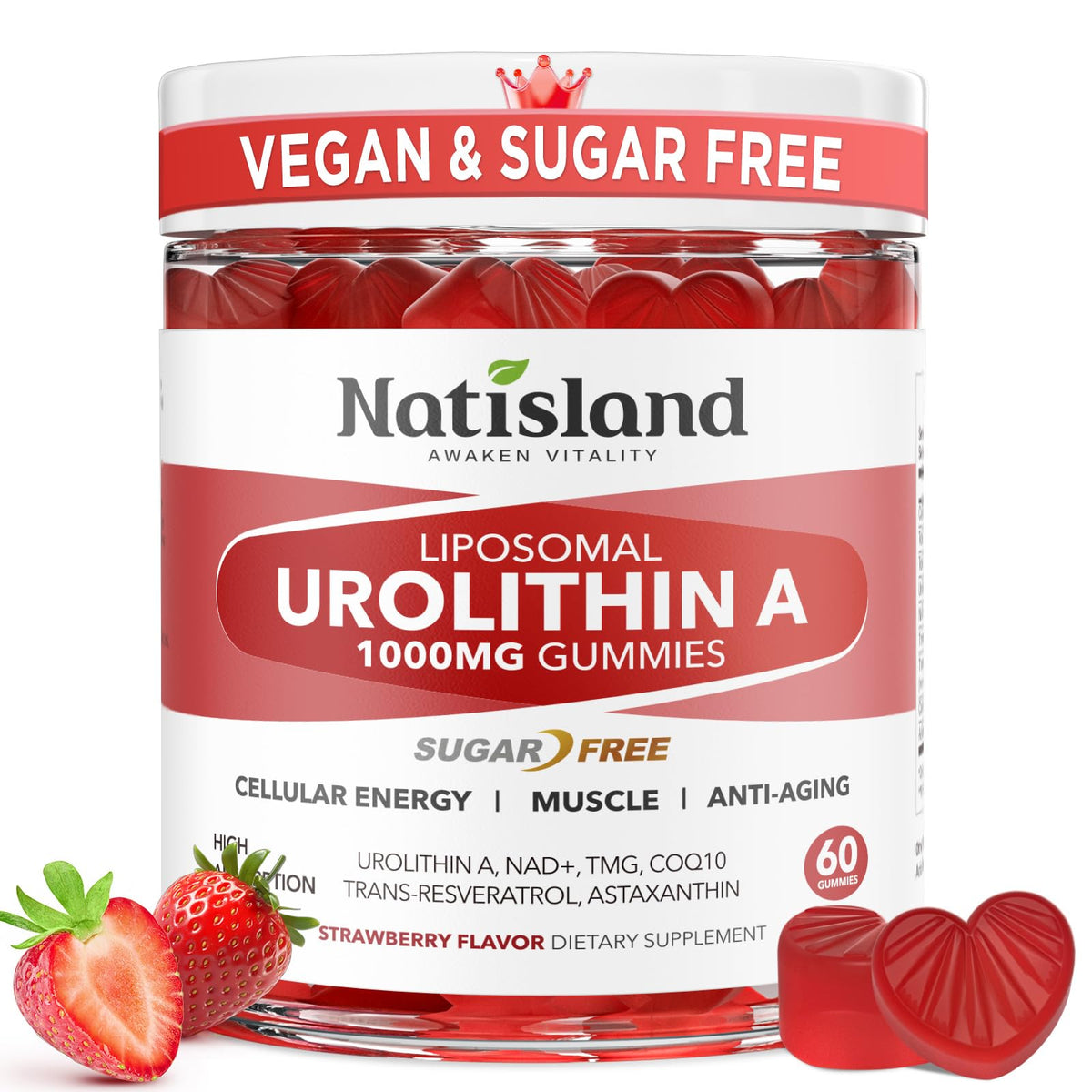 Gomitas NATISLAND CoQ10 Resveratrol, enfoque: sabor fresa, ideal para energía diaria