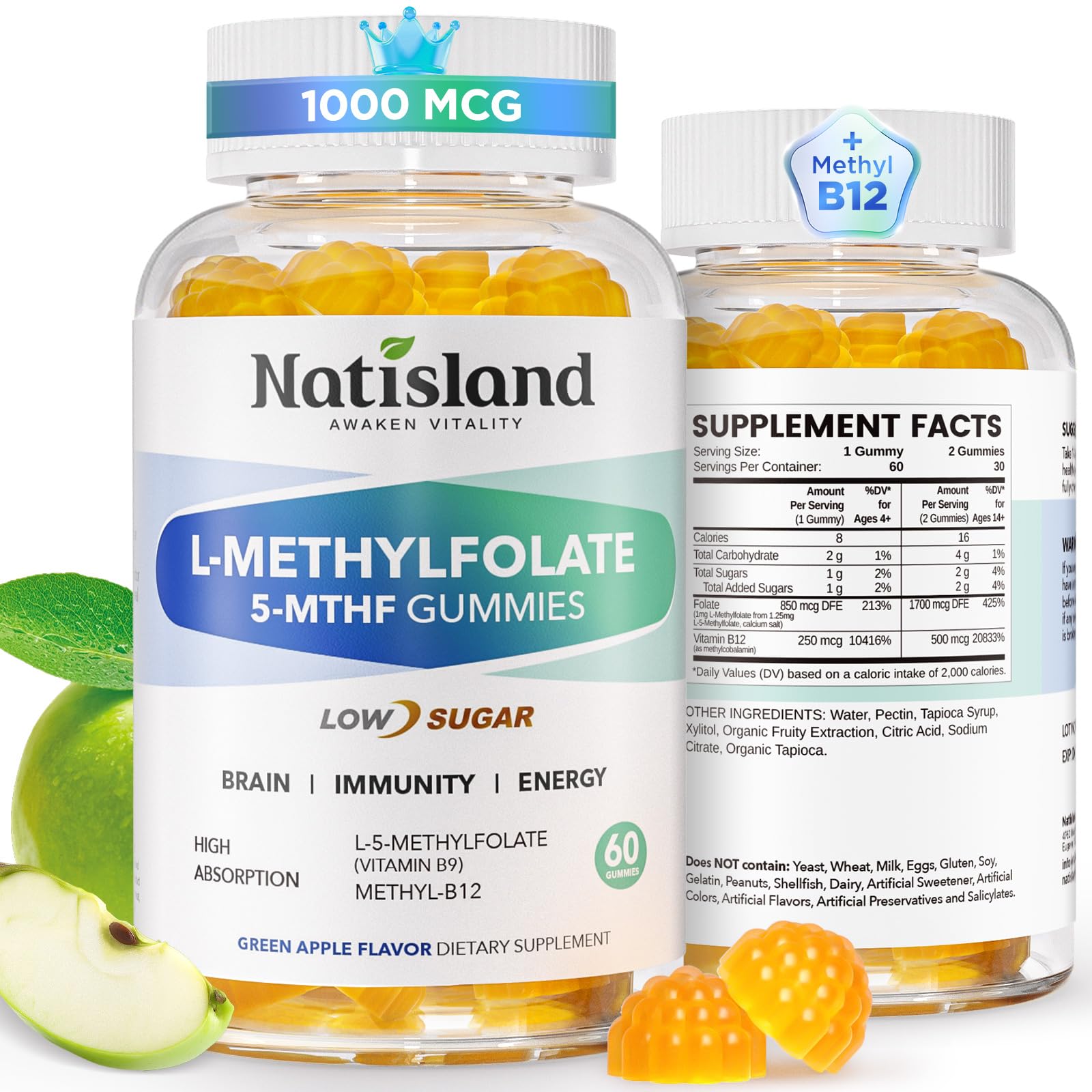 NATISLAND gomitas L-metilfolato: botella visible para consumo diario y conveniencia.