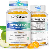 NATISLAND gomitas L-metilfolato: botella visible para consumo diario y conveniencia.