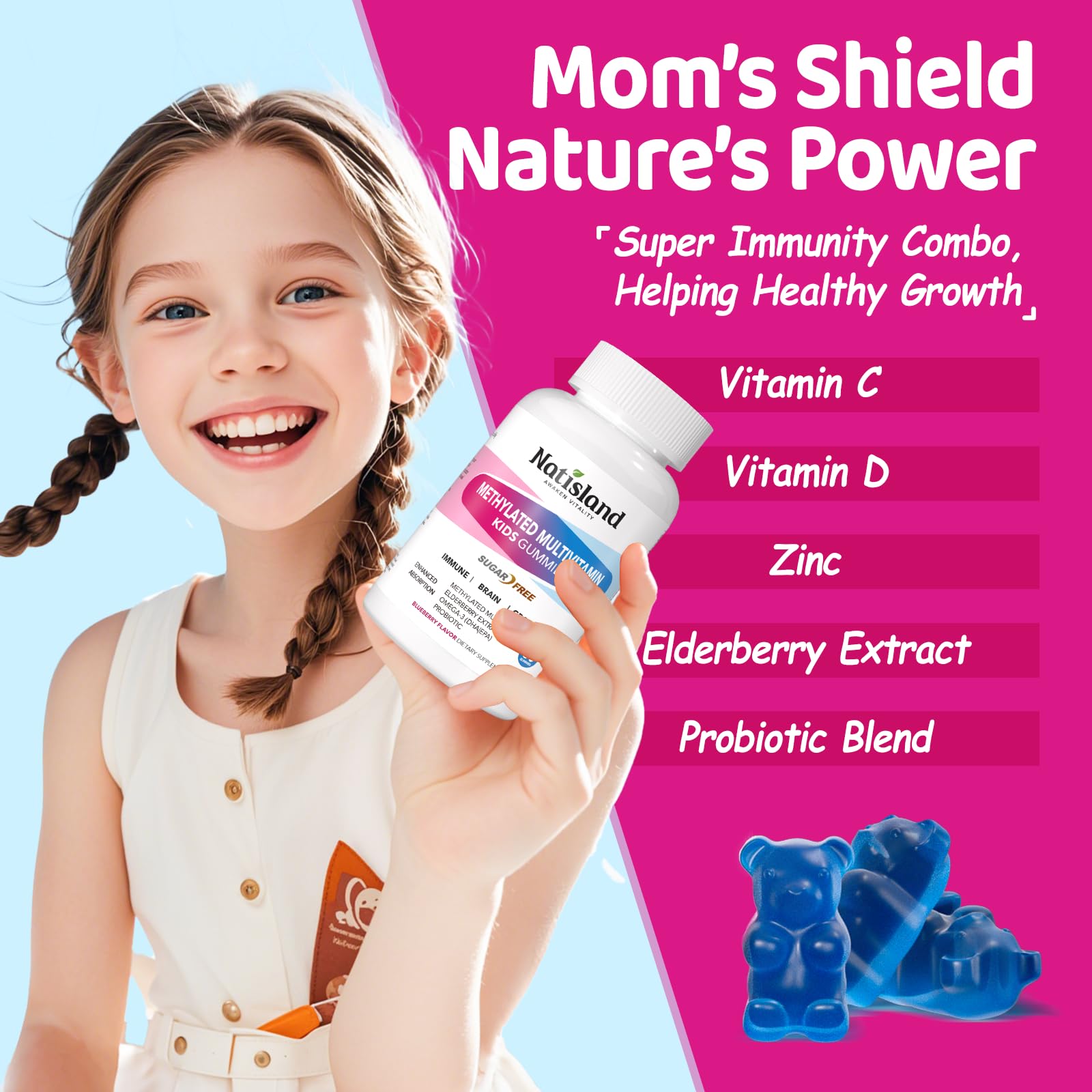 NATISLAND Inmunidad infantil con elderberry en gomitas para uso diario.