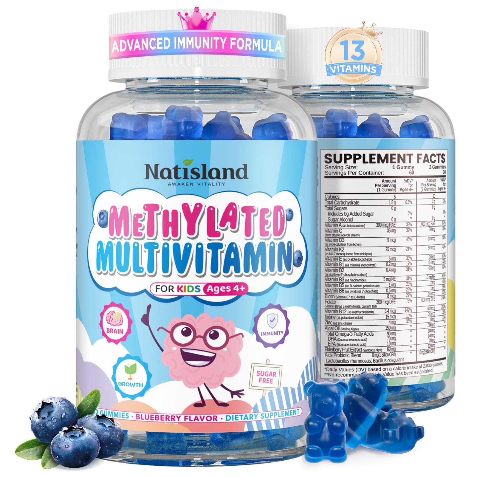 NATISLAND Kids Multivitamin gomitas azules para aporte diario.