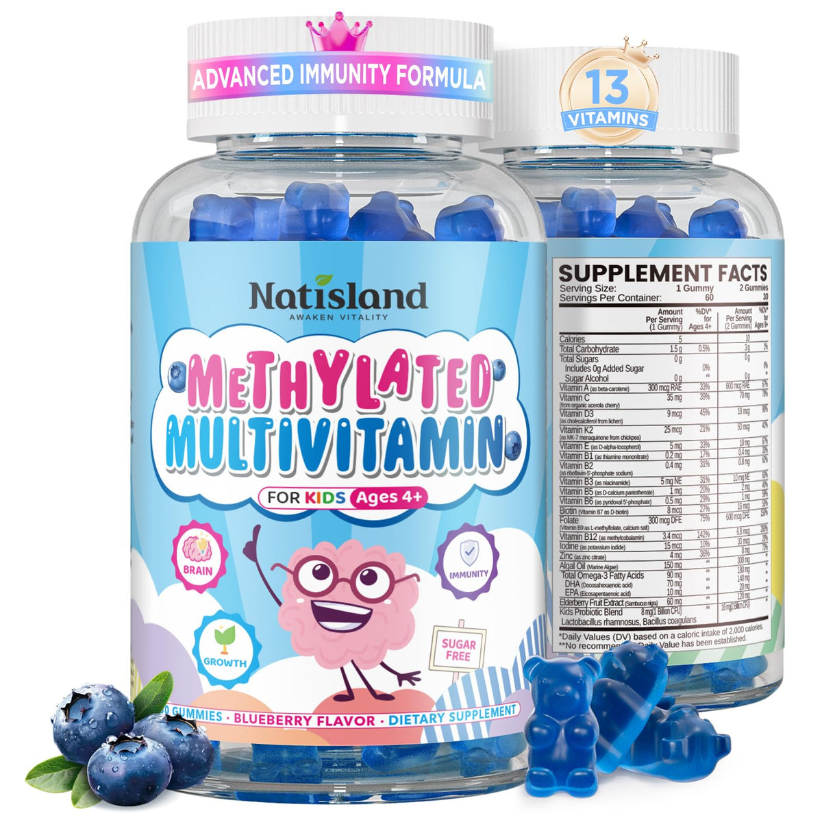 NATISLAND Kids Multivitamin gomitas azules para aporte diario.
