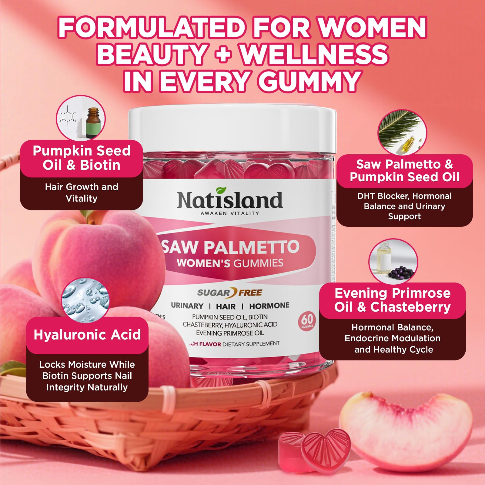 NATISLAND palmetto para mujeres, palmetto y aceite de calabaza, ingredientes clave.