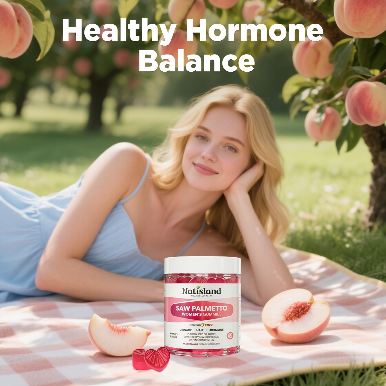 NATISLAND palmetto para mujeres, sabor durazno, gominolas deliciosas y convenientes.